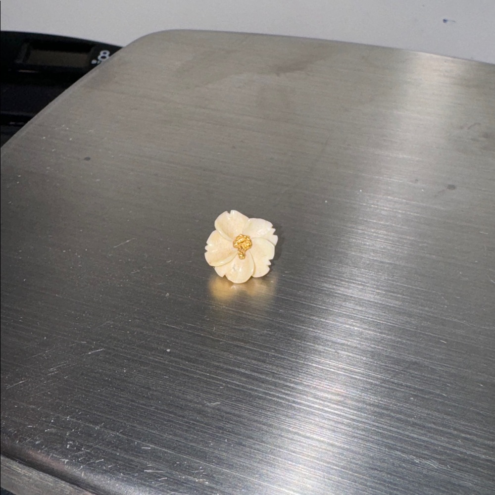 💰🌟🍄‍🟫🍄Vintage 50s? Small 1/2” Ivory Flower pin with Gold mushroom 🍄nugget